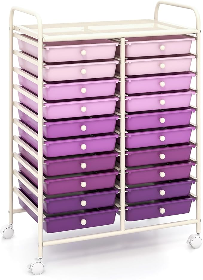 GOFLAME 20-Drawer Rolling Storage Cart, Multifunctional Art Craft Organizer Cart, Mobile Utility Storage Cart with Removable Drawers & Lockable Wheels, Craft Cart for Home Office, Purple Gradient