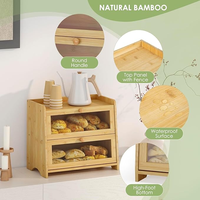Large Bread Box for Kitchen Countertop, Double Layer Breadbox Bread Container Storage with Acrylic Door, Wooden Farmhouse Bread Holder (Bamboo, Large-16.54" L x 9.84" W x 14.96" H)