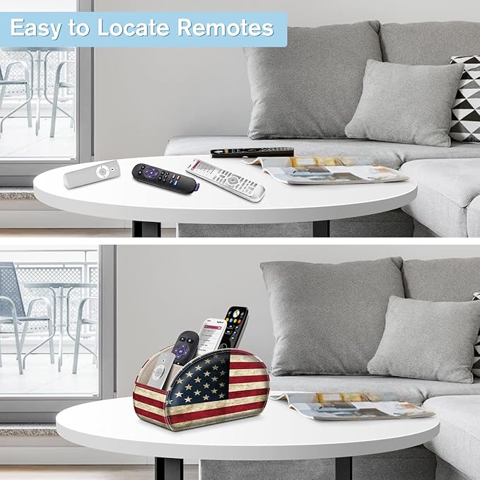 FINTIE Remote Control Holder, 5 Compartments Vegan Leather TV Remoter Caddy Desktop Organizer Makeup Brush Holder Storage Fits TV Remotes, Media Controllers, Office Supplies(US Flag)
