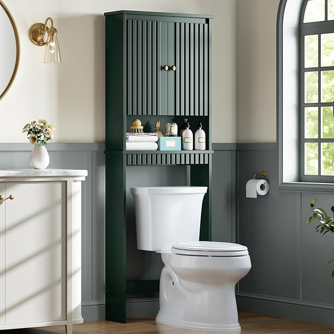 Over The Toilet Storage Cabinet, Over The Toilet Storage with Fluted Door Over The Toilet Cabinet with Adjustable Shelf Above The Toilet Storage Cabinet for Bathroom Organizer, Forest Green