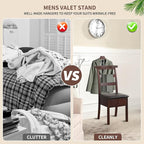 Chair Valet with cushioned seat Freestanding Suit Stand&Clothes Butler Wood Valet Stand with Drawer&Tray Clothing Rack with Contour Hanger Trouser Bar Suit Rack for Living Room Office Dressing Room