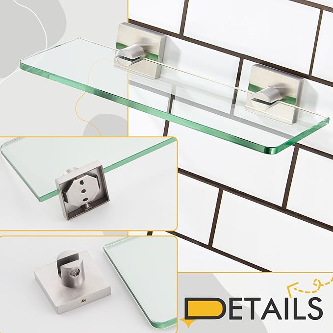 KOKOSIRI Floating Glass Shelf Bathroom Wall Mount Shelves 12-Inch Kitchen Rack for Shower Storage Decor, 2 Pack Brushed Stainless Steel B1107BR-L12-P2