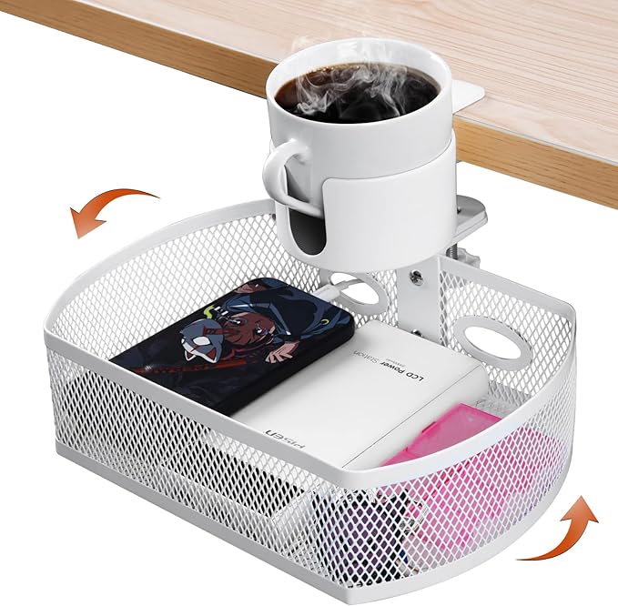 MASTLU Under Desk Organizer,Cup Holder,Table Management Tray, Swivel Pencil Drawer, Office No Drill Steel Organizers,360 Spin Hidden Storage Box with Sturdy C-Clamp,Easy Install (White)
