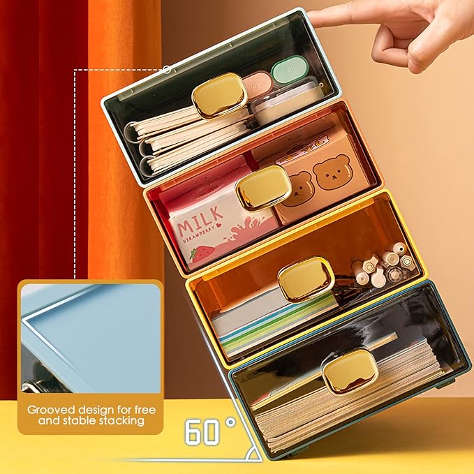 Stackable Desk Drawer Organizer 13''x9''x3.3'' Desktop Paper Organizer for Printer Paper File Office Drawer Organizer Box Clear Storage Drawer for Stationery, School, Dorm(Yellow,L-1 Drawer)