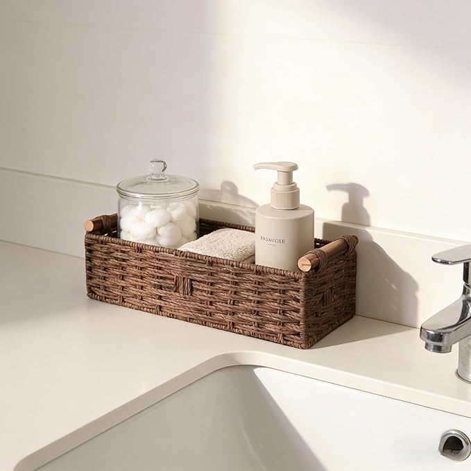 Back of Toilet Basket with Wood Handles, Brown Wicker Toilet Paper Basket for Toilet Tank Top, Narrow Toilet Tank Basket, Bathroom Basket Organizer for Wipes & Essentials