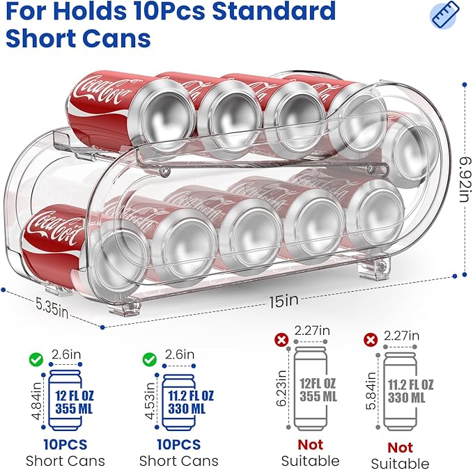 Auto-Rolling Soda Can Organizer for Refrigerator/Fridge, UpgradedSoda Can Dispenser & Holder for Pantry Storage 10 Standard Size 12oz/ 11.2oz/ 355ml/ 330m Drink Short Cans (Clear)