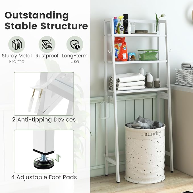 Tangkula Over-The-Toilet Storage Rack, 3-Tier Freestanding Bathroom Space Saver Shelf w/ 2 Hanging Hooks & Toilet Paper Holder, Metal Above Toilet Storage Rack for Bathroom Laundry (White, 62.5”H)