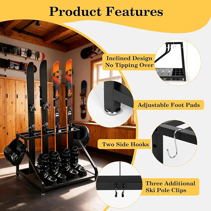 Freestanding Ski Storage Rack – Inclined Design, No Tipping Over, for 4 Pairs Ski, 2 Pairs Ski Boots, 2 Helmets, 3 Separate Pole Fixed Buckles, for Garage, Shed, Basement, 180LB.