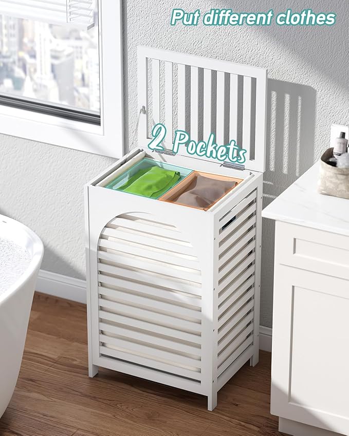 White Laundry Hamper, 22.5 Gallon (85L) Bamboo Wood Clothes Laundry Basket with Lid and Handles, Removable Liner