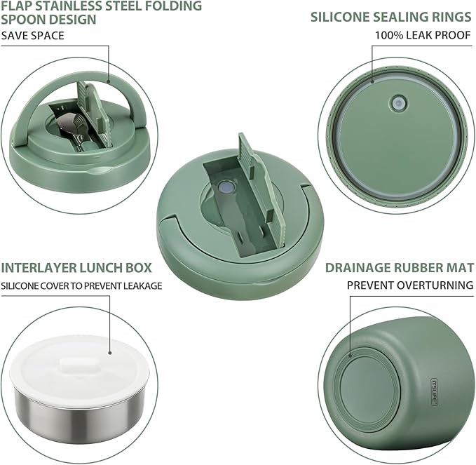 Soup Thermo for Hot Food Insulated Food Jar 32oz, Vacuum Insulated Stainless Steel Lunch Container - Wide Mouth Thermo for Soup & Food, Insulated lunch box Leakproof Bento Box with Spoon (Green)