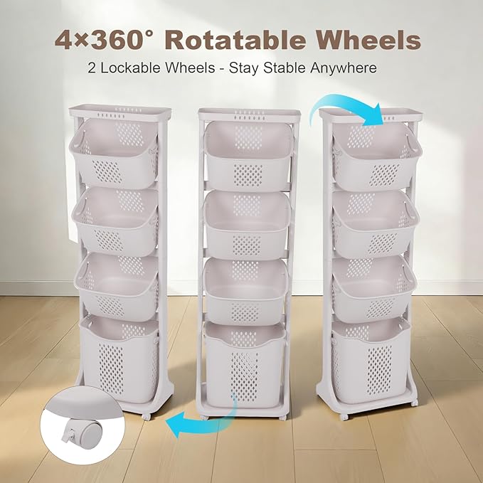 4-Tier Laundry Sorter Cart with Wheels, Large 95L Capacity Hamper Organizer, Rolling Storage with Removable Mesh Bins for Heavy Duty Use in Home, Dorm, Apartment (17.32"x13.1"x54.72")