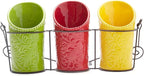Kitchen Utensil Holder Set (4 Pieces) - 3 Ceramic Crocks & 1 Portable Wire Caddy - Multi-Color