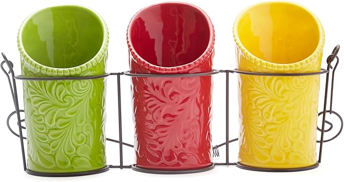 Kitchen Utensil Holder Set (4 Pieces) - 3 Ceramic Crocks & 1 Portable Wire Caddy - Multi-Color
