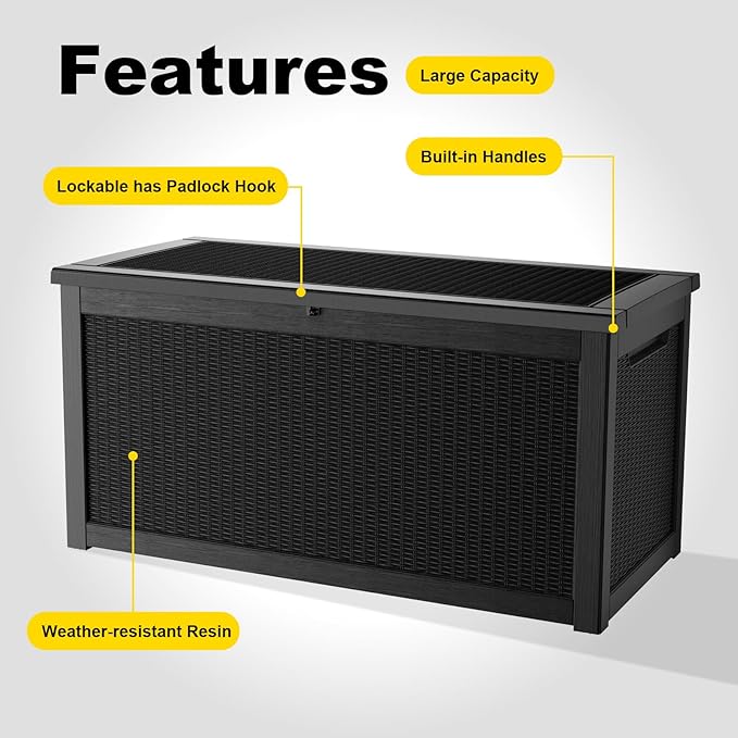 320 Gallon Outdoor Waterproof Resin Storage Deck Box Lockable Outside Bench UV Resistant Bin Patio Porch Furniture Pool Float Garden Tool Cushion Black