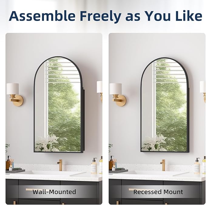 Medicine Cabinets for Bathroom, Black Arched Medicine Cabinet Recessed or Surface Wall-Mounted,Modern Bathroom Vanity Mirror with Storage, Mirrored Cabinet with Adjustable Shelves,16x31 Inch