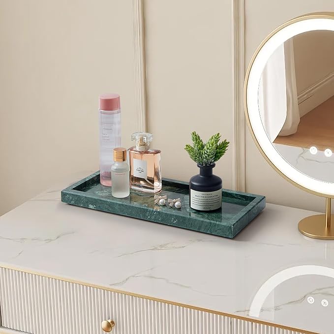 Natural Small Marble Vanity Tray, Luxury Stone Organizer for Bathroom & Kitchen | Holds Soap Dispenser, Jewelry, Perfume | Non-Resin, Non-Ceramic Décor (Green, M (11.8" x 5.1" x 0.78"))