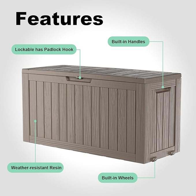 90 Gallon Outdoor Waterproof Resin Storage Deck Box Lockable Outside Bench UV Resistant Bin Patio Porch Furniture Pool Float Garden Tool Cushion Grey