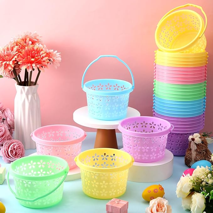 Havawish Easter Baskets Bulk with Handle Small Colorful Plastic Eggs Baskets Easter Bucket for Egg Hunt Spring Party Favors(25 Pcs,Round)
