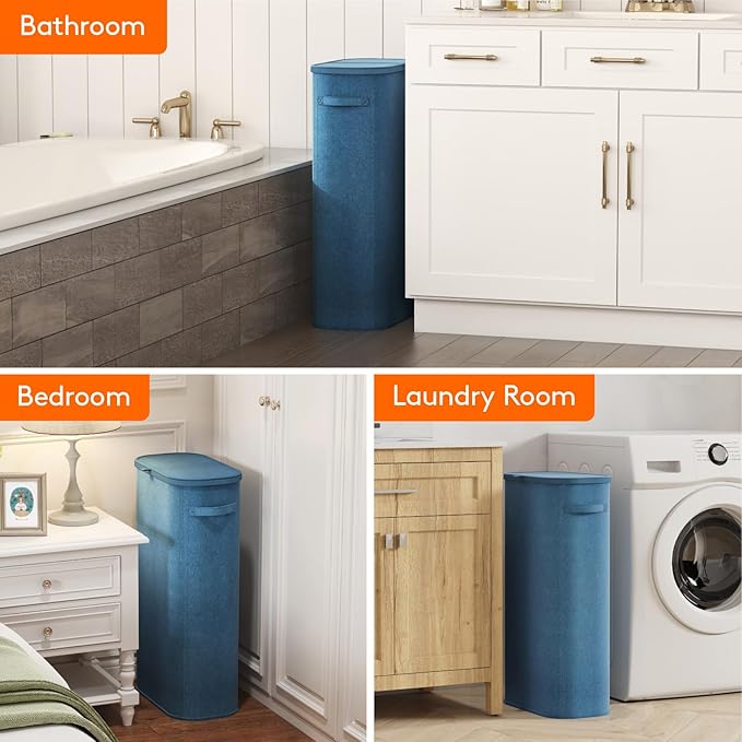 Lifewit 75L Slim Laundry Basket with Lid, Narrow Large Laundry Hamper with Plastic Handles and Removable Bag, Tall Foldable Dirty Clothes Hampers for Laundry Room, Bedroom, Bathroom, Dorm, Dark Blue