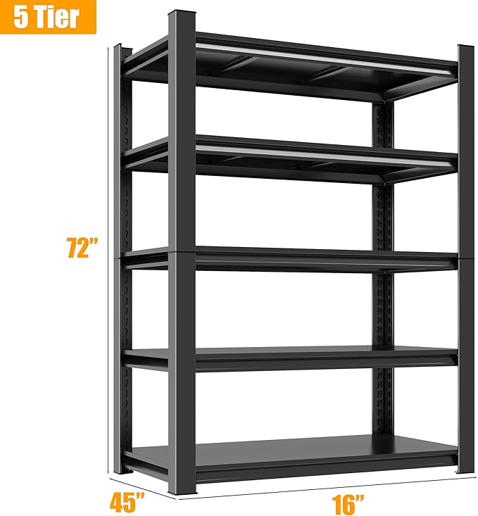 Garage Shelving, 72" H x 45" W Heavy Duty Metal Shelves, 5-Tier Shelving Units and Storage, Easy to Assemble, Adjustable, Black, for Garage, Basement, Pantry & Warehouse, 16" D