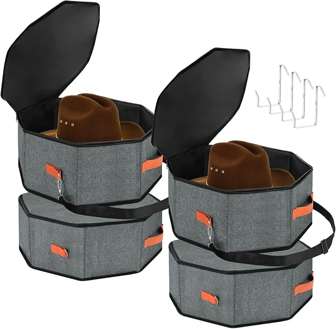 4 Pack Hat Storage Boxes, with Hardboard Support, Cowboy Hat Box for Travel & Home Organization, with 4 Door Hooks for Women & Men(Grey)