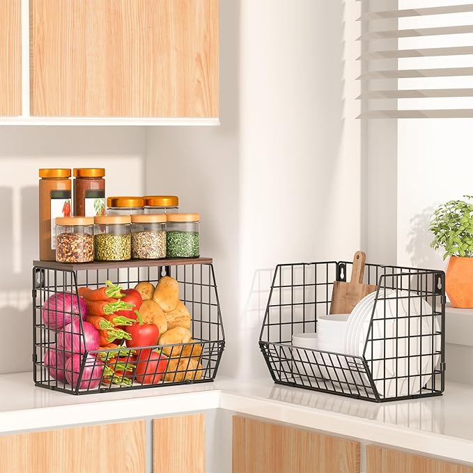 Fruit Basket for Kitchen Counter 2 Tier Fruit Bowl, Stackable Wall Mounted Hanging Fruit Basket Wire Baskets with Wood Lid with 4 Banana Hanger Hooks, Onion Basket, Fruit and Vegetable Storage