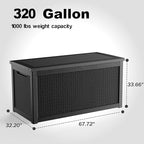 320 Gallon Resin Deck Box, Lockable Weatherproof Outdoor Storage Box for Furniture, Garden Tools and Tools Storage, Waterproof Outside Storage Boxes - Black