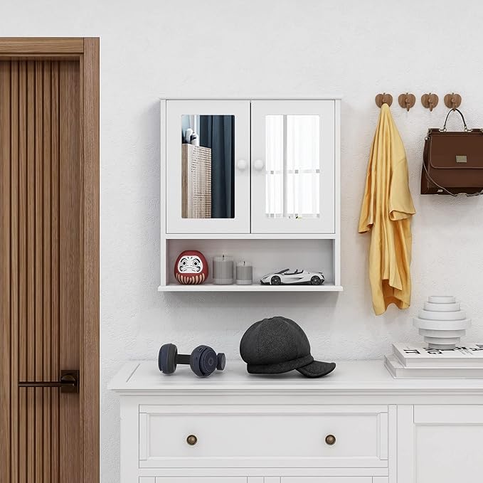 TaoHFE Medicine Cabinet, Medicine Cabinets for Bathroom with Mirror 2 Doors 3 Open Shelf, Bathroom Cabinet Wall Mounted Wooden Storage Over Toilet Laundry Room Kitchen