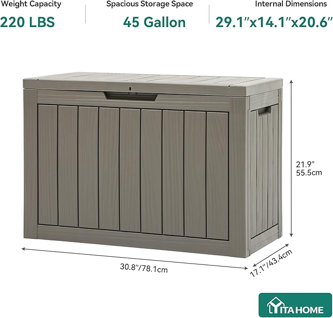 YITAHOME Outdoor Storage Box, 45 Gallon Waterproof Resin Deck Box, Lockable Organizer for Patio, Poolside, Deck, Cushions, Throw Pillows, Garden Tools, Brown