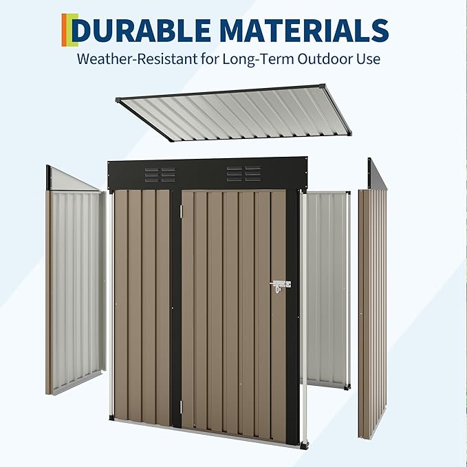 5×3FT Storage Shed，67CU.FT Tool Shed with Sloping Roof and Lockable Door, Compact Metal Tool Garden Shed for Garden, Backyard, Patio (Brown)