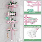 Corner Shower Caddy Tension Pole - Pink - Rustproof Adjustable Bathroom Organizer Shelf for Shampoo, 25–114.2 Inch Shower Rack for Renters, Apartments