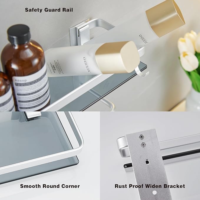 VOLPONE Glass Bathroom Shelf 15.7 in Bathroom Wall Shelf with Towel Holder Tempered Glass Shelf Wall Mount with 2 Removable Hooks Silver（1 Tier）