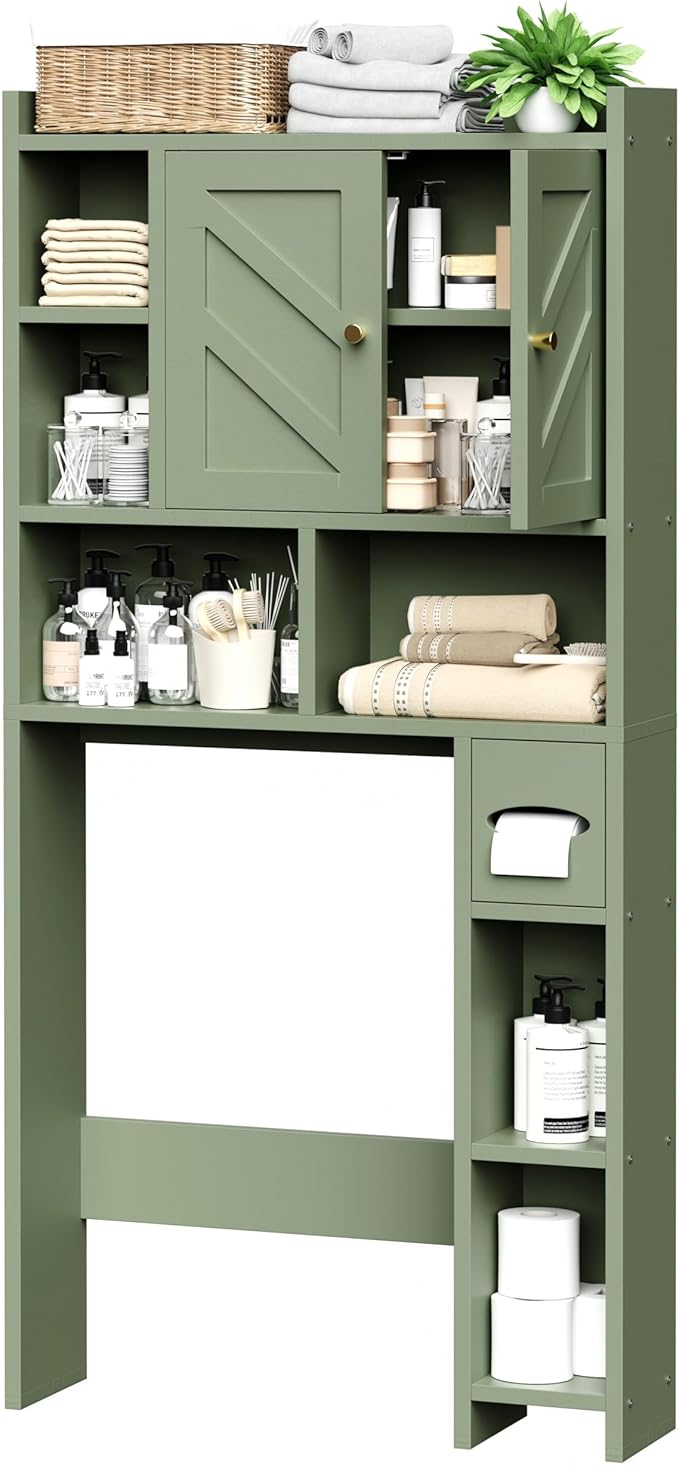 Meilocar Over the Toilet Storage Cabinet, 64.6" Tall Bathroom Storage Cabinets with Toilet Paper Holder & Adjustable Shelf, Freestanding Wood Cabinet for Bathroom, Green