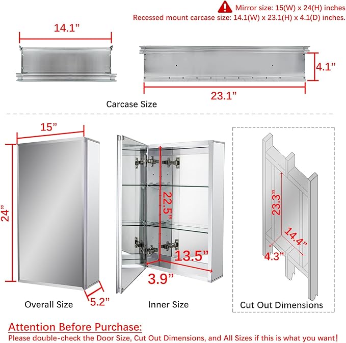Fundin Aluminum Bathroom Medicine Cabinet with Framless Double Sided Mirror Door15 Inch x 24 Inch Recess or Surface Mount, Silver