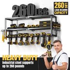 YYR Heavy Duty Power Tool Organizer with Charging Station, Cordless Drill Hanger Storage Rack, Battery Tools Holder Wall Mount Shelf for Garage - 32 Inch Equipped with Surge Protection Power Strip