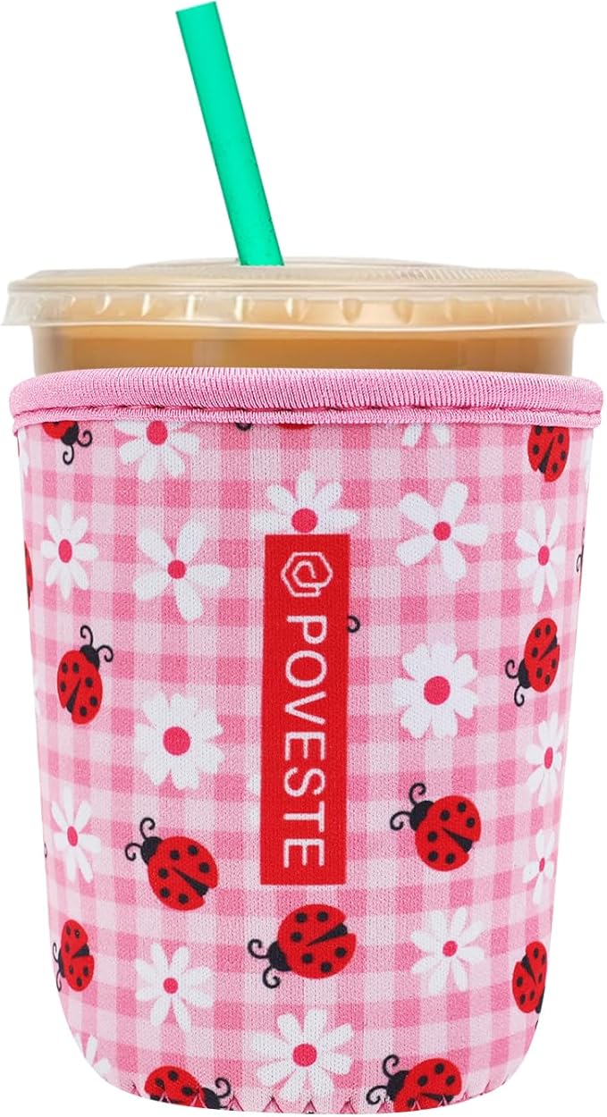 Reusable Neoprene Insulator Sleeve for Iced Coffee & Cold Soda, Coffee Sleeves for Iced & Hot Drinks, Cold Beverage Cooler Compatible with Starbucks, Dunkin (Daisy&Bee, Small: 16-18oz)