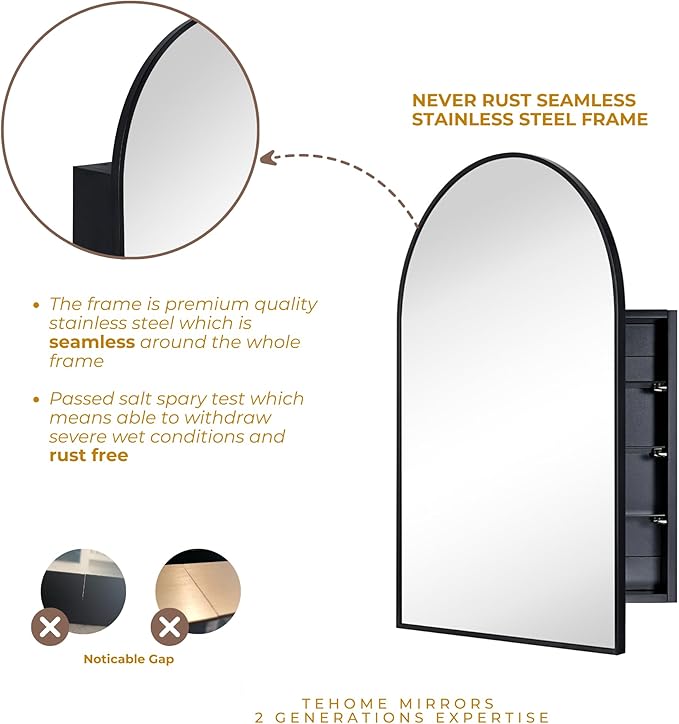 TEHOME 20 x 30'' Black Arched Bathroom Medicine Cabinet with Mirror Recessed and Surface Mounted Medicine Cabinet Mirror