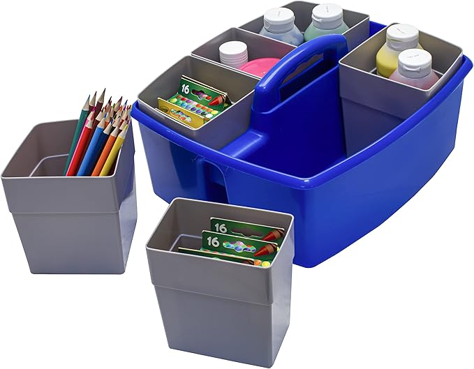 Storex Large Classroom Caddy with Cups, 13 x 11 x 6.575 Inches, Blue, Case of 2 (00985U02C)