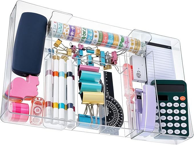 Expandable Acrylic Drawer Organizer, Clear Desk Drawer Organizers Tray with 8 Adjustable Compartments Multifunctional Desk Accessories for Vanity, Office, Kitchen, Bathroom