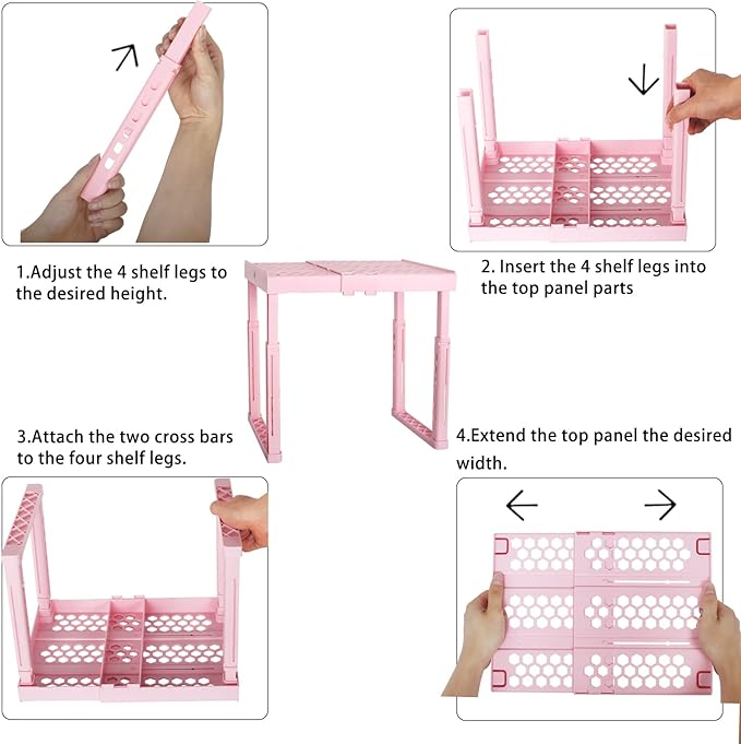 Locker Shelf Adjustable Height and Width, Pink Locker Organizer for Work, Locker Shelves for School Locker, Stack-able Locker Stand Tools for Gym Locker, Locker Accessories Stuff, Pack of 2