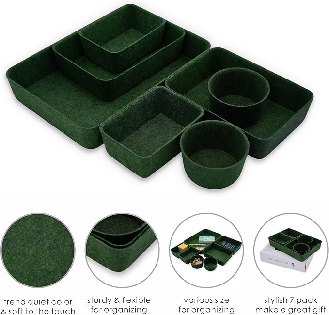 Welaxy Felt Desk Drawer Organizer Trays, 7-Piece Storage Bins for Office, Entryway Catchall & Minimalist Decor (Forest Green)