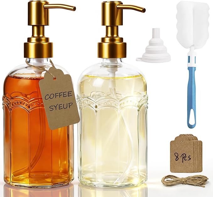Coffee Syrup Dispenser Set of 2, 13.5 oz (400ml) Glass Bottles with Antique Bronze Stainless Steel Pump, Coffee Bar Syrup Pump Dispensers with Funnel, Cleaning Tools & Tags
