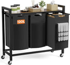 NEWBULIG Rolling Laundry Hamper with Removable Pull-Out Bag, Freestanding Clothes Basket Organizer with Wheels for Bathroom & Bedroom, 3 × 10.6 Gal (120L) - Rustic Brown & Black