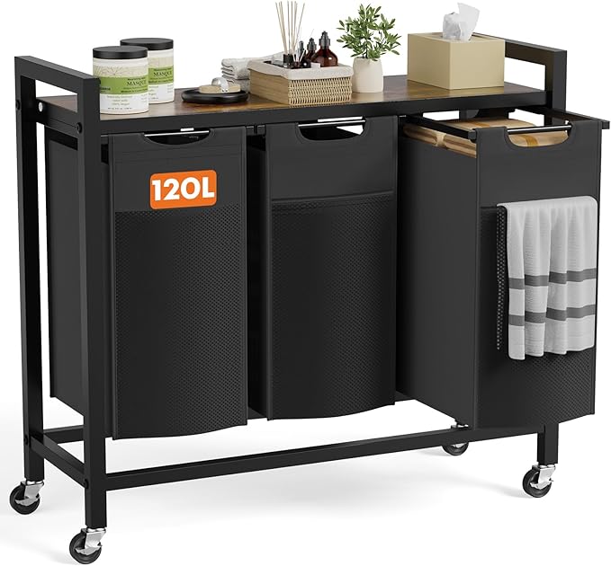NEWBULIG Rolling Laundry Hamper with Removable Pull-Out Bag, Freestanding Clothes Basket Organizer with Wheels for Bathroom & Bedroom, 3 × 10.6 Gal (120L) - Rustic Brown & Black