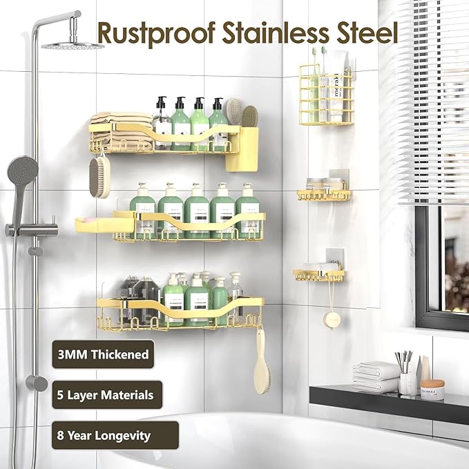 Shower Caddy Adhesive Shower Organizer 8-Pack, Rustproof Stainless Steel Bathroom Shelves, Large Capacity No-Drill Rack Storage Accessories with Soap Dish Toothbrush Holder Hooks