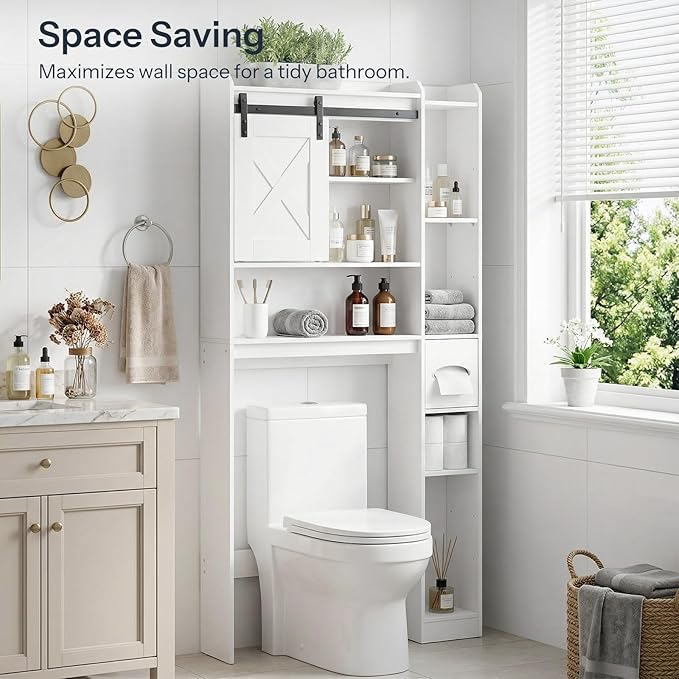 HOOBRO Over The Toilet Storage Cabinet with Sliding Barn Door, Toilet Paper Holder, Farmhouse Storage Cabinet, Wooden Bathroom Organizer, Bathroom, Laundry Room, White WT24TS01