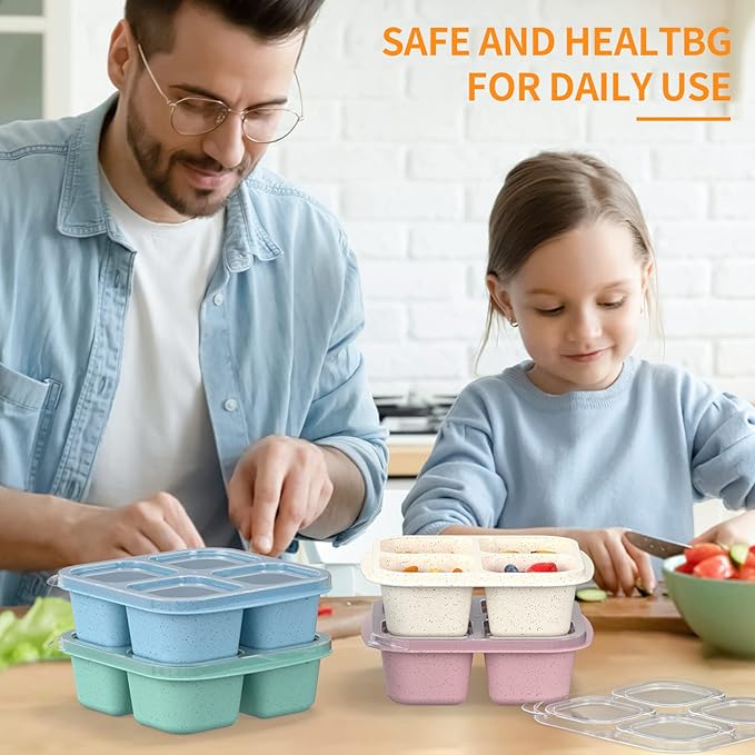 Bento Snack Boxes (4 Pack)- Reusable 4-Compartment Meal Prep Containers for Kids and Adults, Perfect Food Storage School, Compact Stackable (Wheat(Green/Blue/PK/Beige))