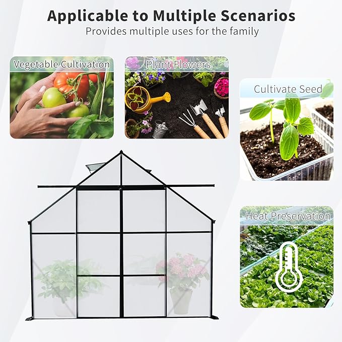 8X8 FT Outdoor Greenhouse, Greenhouse Polycarbonate with Roof Vent, Sliding Lockable Door, Aluminum Walk-in Greenhouses for Outdoor Garden Backyard, Terrace, Lawn，Black