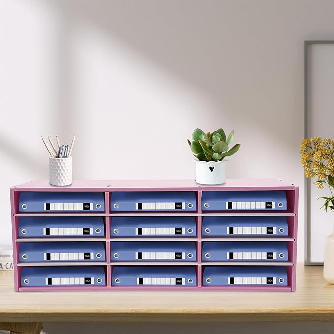 12 Compartments Desk Literature Organizer, Countertop Mail Sorter Organizer,Student Mailbox for Classroom, Desktop Paper Organizer for Home Office School, Pink