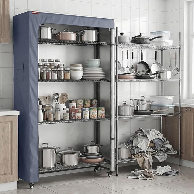 600D Oxford Wire Rack Cover 30" W x 14" D x 62" H, Heavy Duty Waterproof Shelving Protector with Side Tool Pocket, 3-Way Opening Dustproof Storage Shelf Cover for Bathroom, Grey